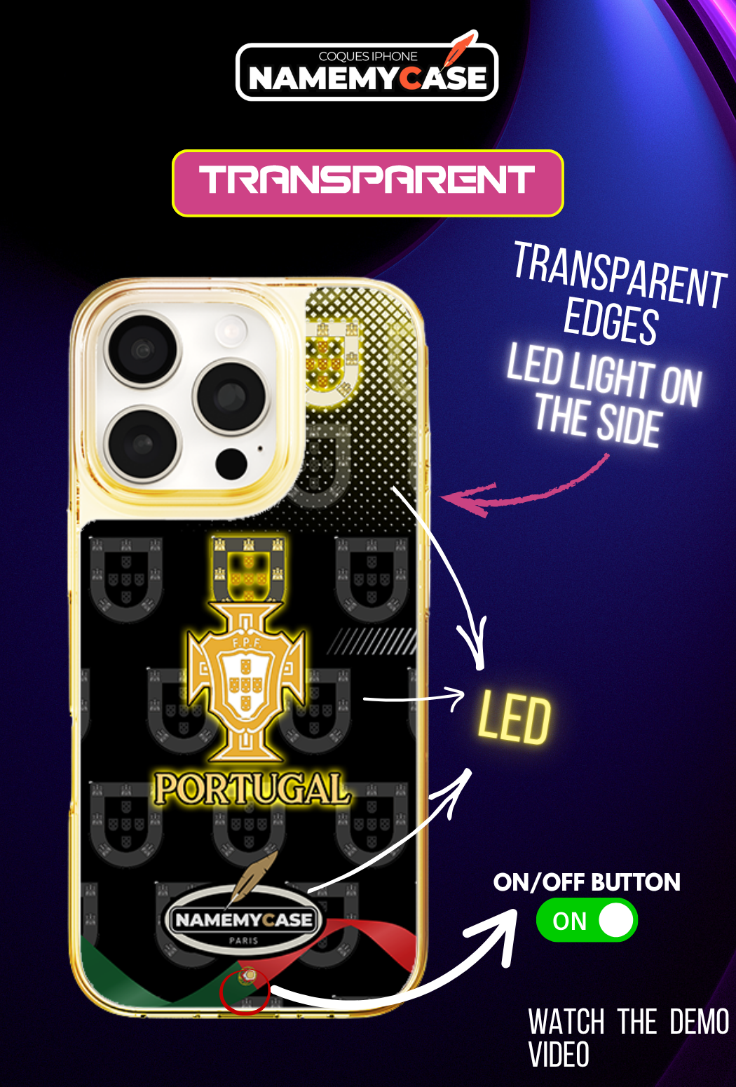 LED Light-Up iPhone Case- Portugal Black
